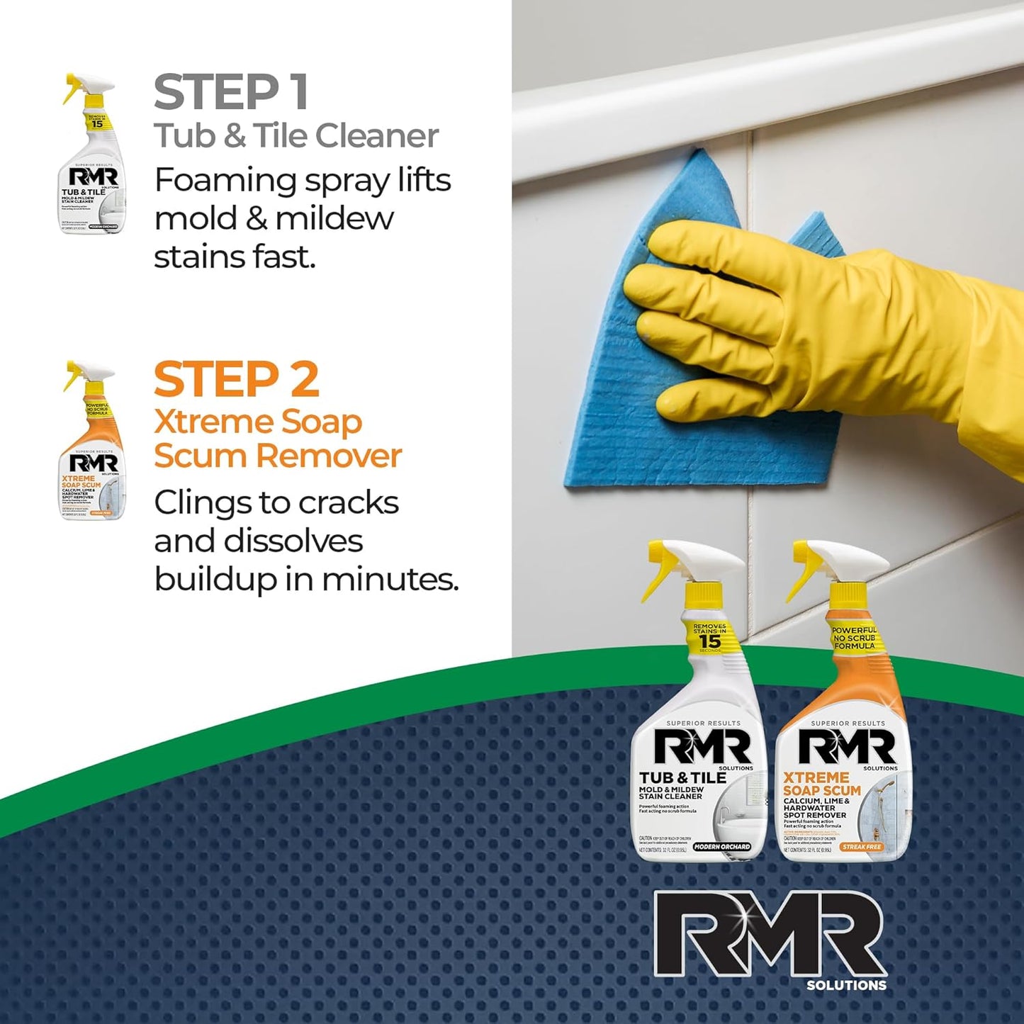RMR Bathroom Breakthrough Bundle – Tub & Tile Cleaner + Xtreme Soap Scum Remover, 2-Step Deep Clean System for Shower, Tub, Tile, Grout, & Glass Buildup, Stains, & Grime, 2–32 Oz Bottles