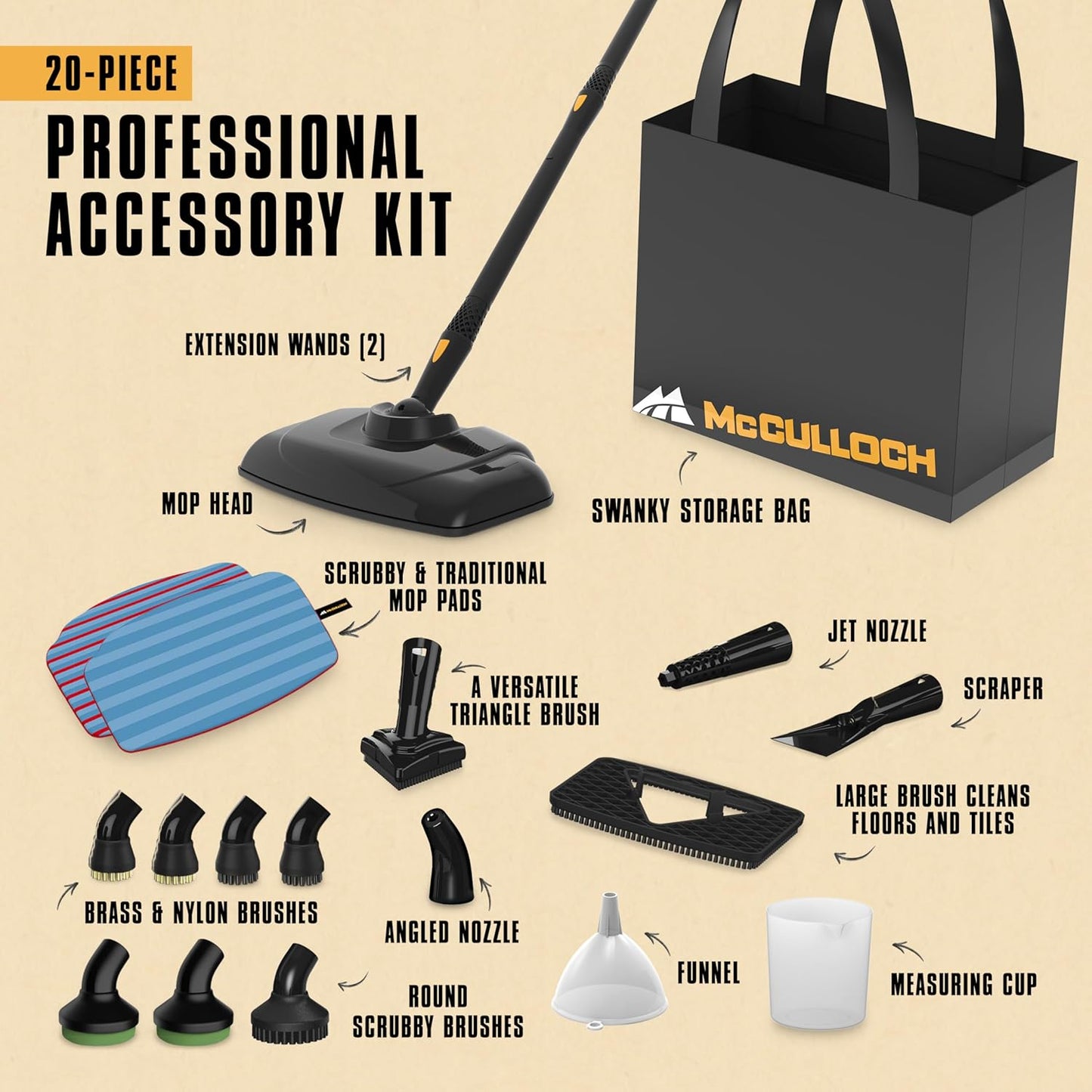 McCulloch MC1385 Deluxe Canister Steam Cleaner, 2-Hour Runtime, Chemical-Free, 23 Accessories: Mop Head, Brushes & More - Built for Home, Tile, Carpet, Furniture, & Personal Car Detailing