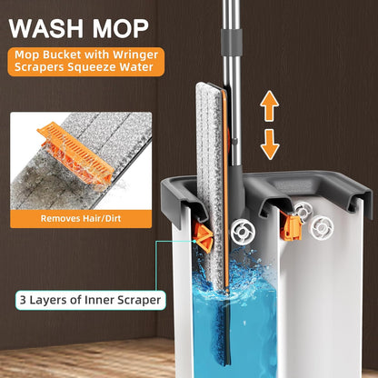 MOPALL Mop and Bucket with Wringer Set for Home, Hands-Free Flat Mop and Bucket Set for Floor Cleaning and Window Wall Cleaner, Wet and Dry Mop with 61" Long Handle and 3 Microfiber Pads