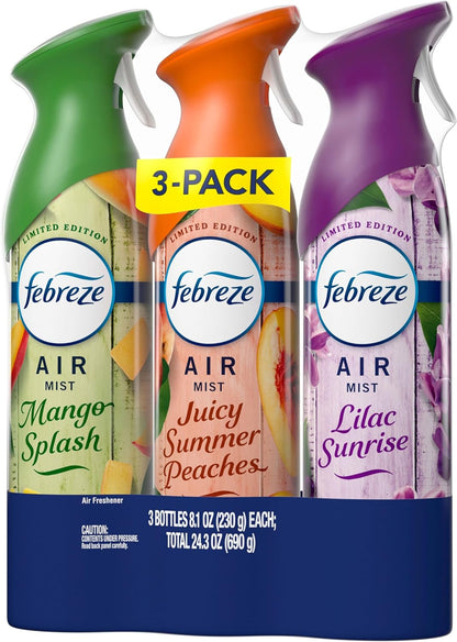 Febreze Air Mist, Air Freshener, Odor Fighting Room Spray, Deodorizer for Home Bathroom Kitchen Office Apartment, Lilac Sunrise, Warm Ocean Breeze, Summer Golden Hour Variety Pack, 8.1oz (Pack of 3)