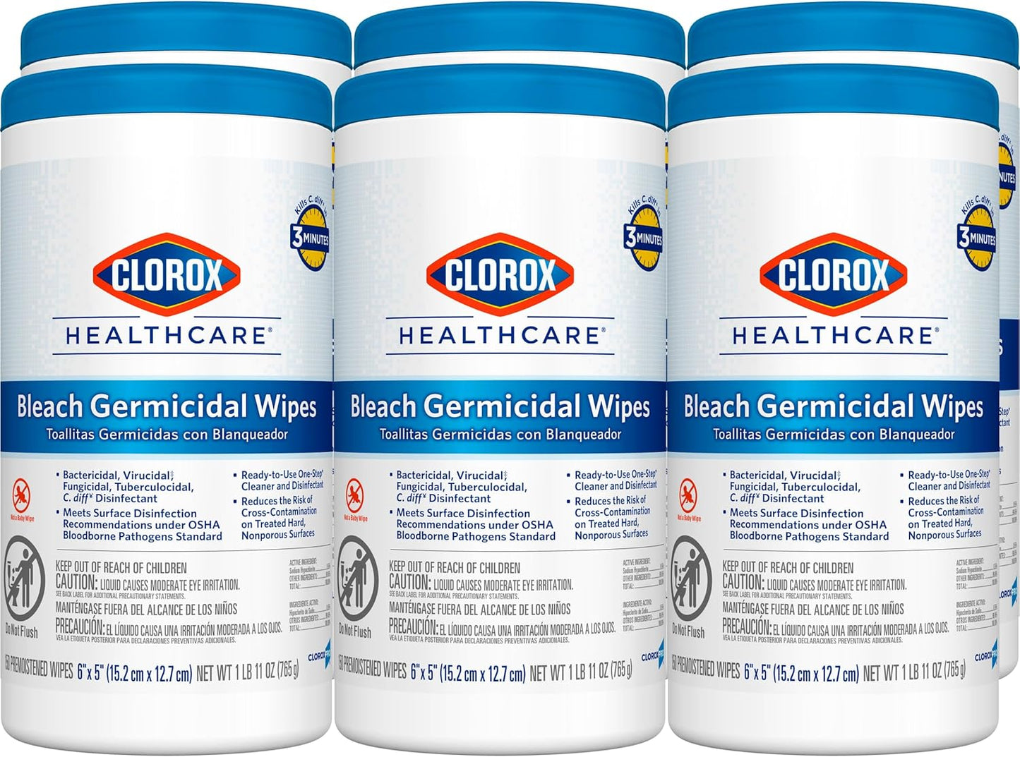Clorox Healthcare Bleach Germicidal Wipes, 6" x 5", 150 Count Canister (Package May Vary)