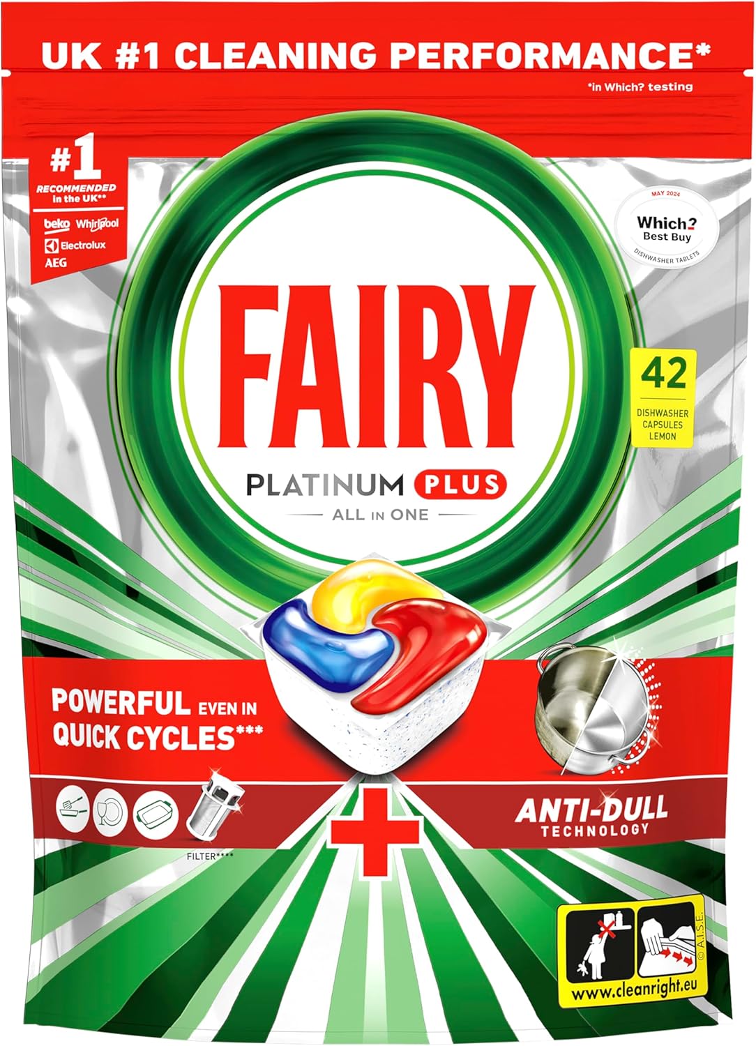 Fairy Platinum Plus All-In-1 Dishwasher Tablets Bulk, 59 Tablets, Lemon, XXL PACK, With Anti-Dull Technology & Rinse Aid Action