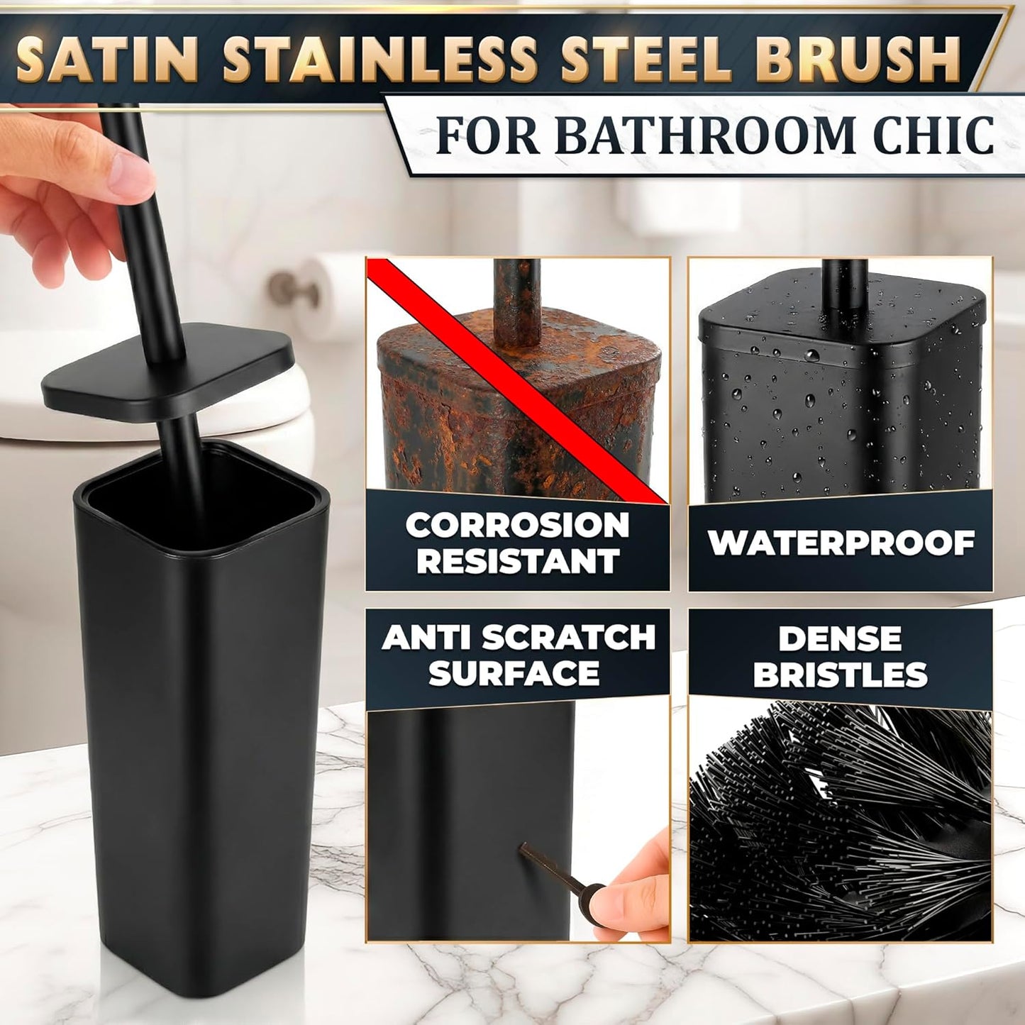 Stylish Stainless Steel Toilet Brush and Holder Set - Silver Toilet Bowl Brush and Holder with Splash Cover, Sturdy Bristles, Corrosion & Scratch Resistant - Elegant Design, Effective Deep Cleaning