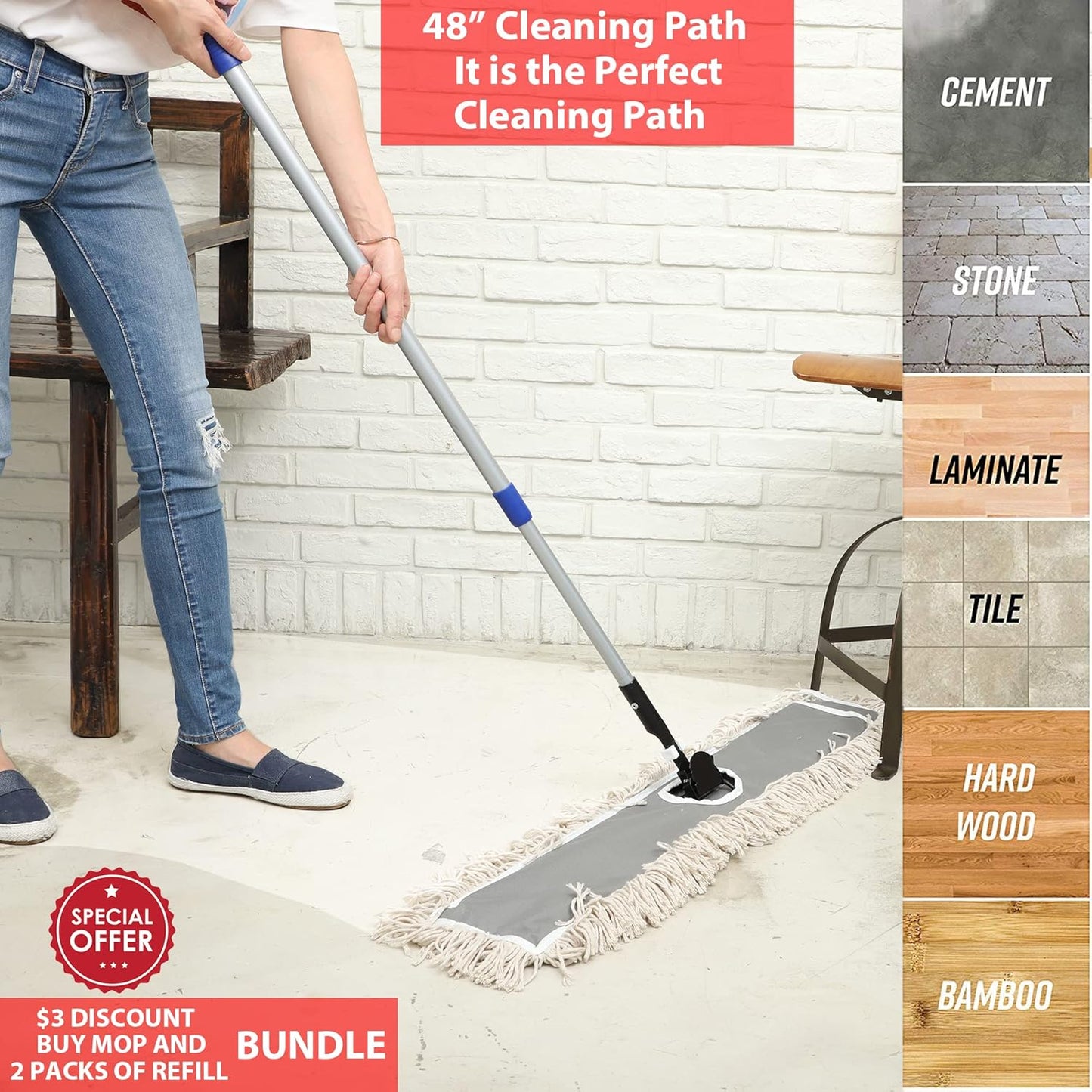 2 Pack of 24 Cotton Refills for Industrial Class Floor Dust mop Series Can be fit with Others