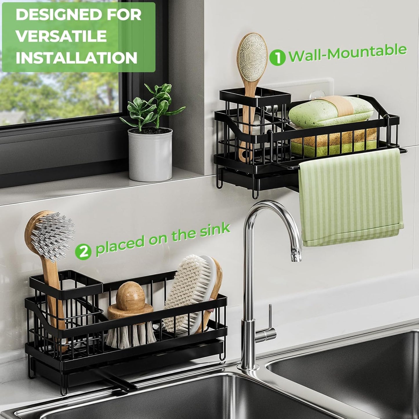 Sponge Holder for Kitchen Sink,Sink Caddy Organizer with Removable Brush Holder,Kitchen Countertop Soap Dispenser Storage with Detachable Towel Rack,Black