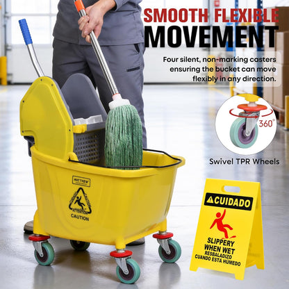 MATTHEW CLEANING 34Quarts Commercial Mop Bucket INCL.Wet String Mop with Down Press Wringer On Wheels,Industrial Heavy-Duty Floor Cleaning w/Handle, Mop Bucket for Home,Offices,Commercial, Restaurants