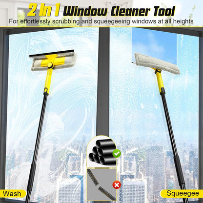 Window Squeegee with Extension Pole for Home, Professional Squeegee for Window Cleaning Tool Kit with Scrubber, 2 in 1 Rotatable Window Washing Kit for Car Glass Shower Indoor & Outdoor High Windows