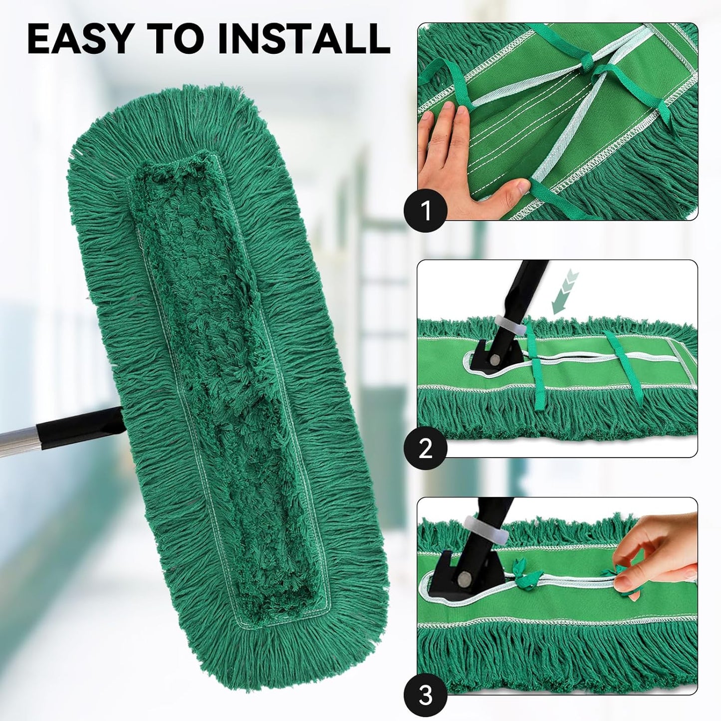 36 Inch Dust Mop Head: Replacement Medium Washable Commercial Mop Head Sweeper and Janitorial Replacement Green (Green - 36 Inch, 3 Pack)
