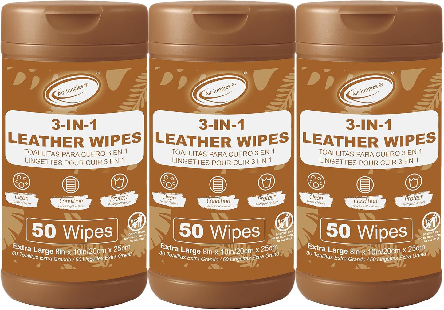 Air Jungles 3in1 Leather Wipes 50 Count, Extra Large 8" x 10" Size, Clean Condition Protect Wipes for Leather Car Seat, Furniture Couch, Shoes Boots Bags Purse Apparel