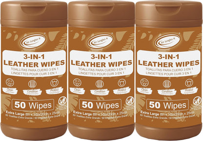 Air Jungles 3in1 Leather Wipes 50 Count, Extra Large 8" x 10" Size, Clean Condition Protect Wipes for Leather Car Seat, Furniture Couch, Shoes Boots Bags Purse Apparel