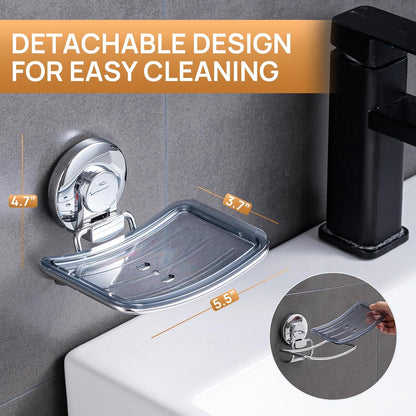 LEVERLOC Soap Holder Shower with Hooks, Bar Suction Cup Soap Dish Tray for Wall, Rust-Proof Stainless Steel Sponge Caddy for Bathroom Accessories Organizer Bathtub Kitchen Sink, Black