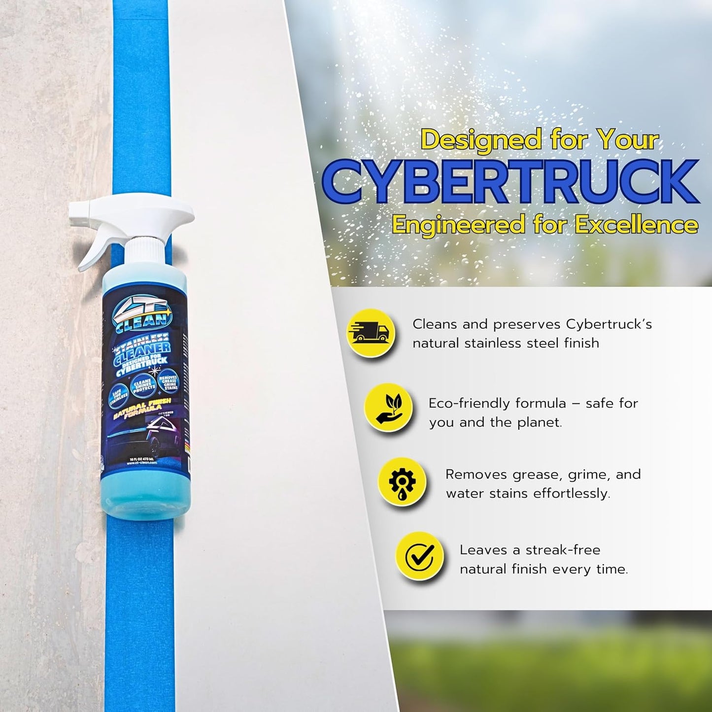 Natural Finish Waterless Stainless Steel Cleaner & Wash for Tesla Cybertruck – Eco-Friendly Spray, Removes Grease & Fingerprints, Matte Protection (16 Fl. Oz.)