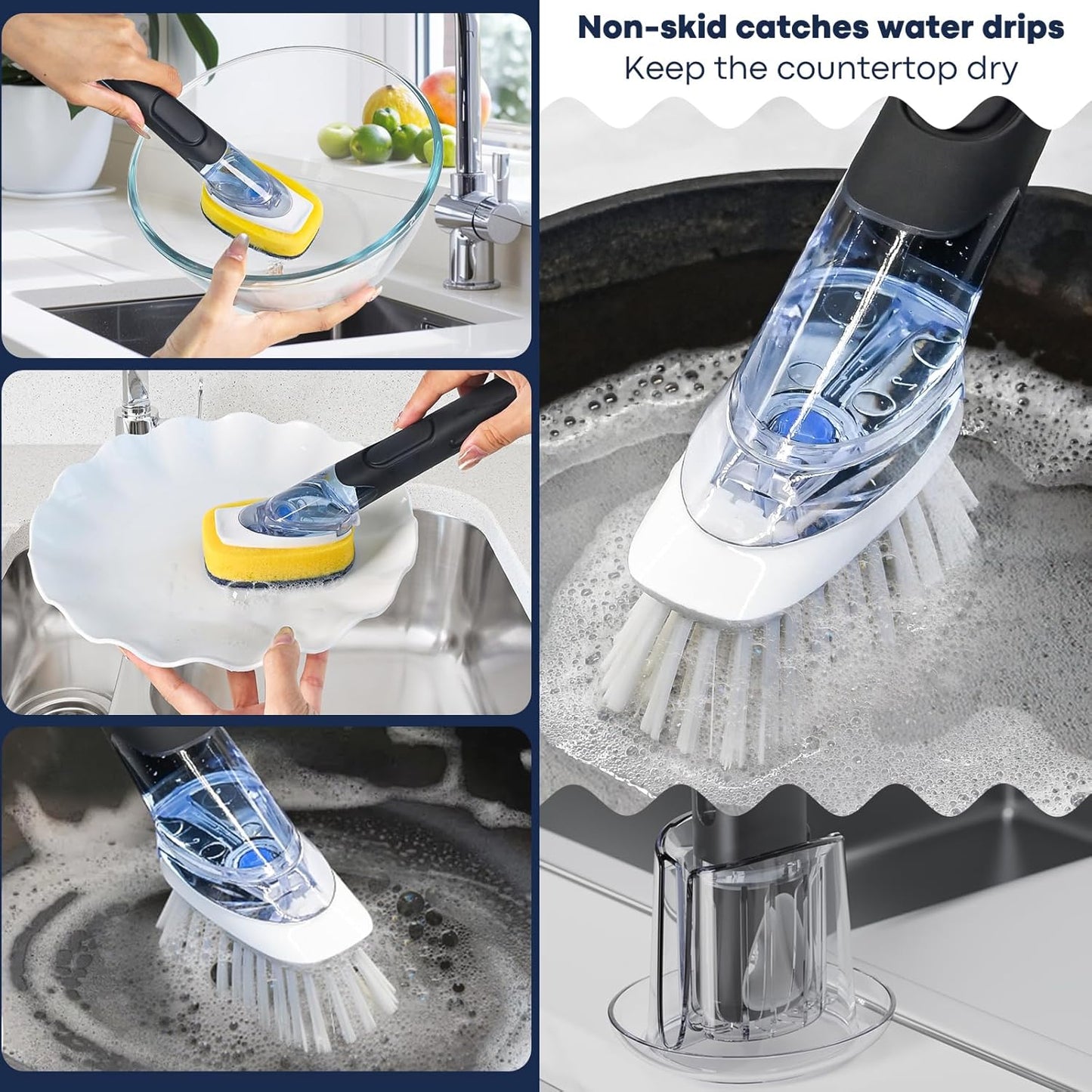 Dish Brush with Soap Dispenser Storage Set with 2 PCS Brush Refills & Holder, Dish Scrubber with Soap Dispenser, Dish Soap Brush, Dish Wand with Soap Dispenser for Dishes, Pans, Sink, Pots(Green)
