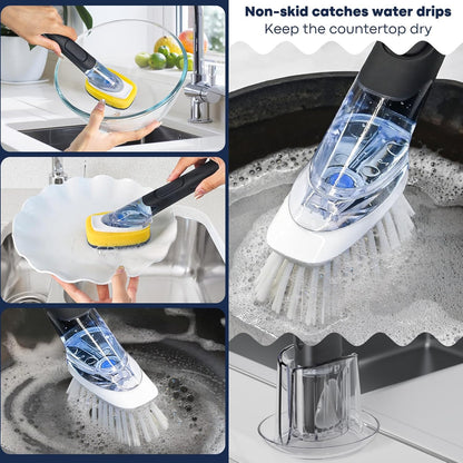 Dish Brush with Soap Dispenser Storage Set with 2 PCS Brush Refills & Holder, Dish Scrubber with Soap Dispenser, Dish Soap Brush, Dish Wand with Soap Dispenser for Dishes, Pans, Sink, Pots(Green)