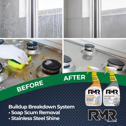 RMR Buildup Breakdown Bundle – Xtreme Soap Scum Remover + Stainless Steel Cleaner Polish, 2-Step Bathroom & Kitchen Cleaning Kit for Shower, Tub, Tile, Glass & Stainless Appliances, 2–32 Oz Bottles