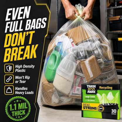 Heavy Duty Clear Recycling Bags | Tall & Strong Bags for Home & Kitchen - (30 Ct, 30 Gallons) Large Trash Bags Paper, Plastic & Aluminum | Thick Recycle Bin Bags (Clear)