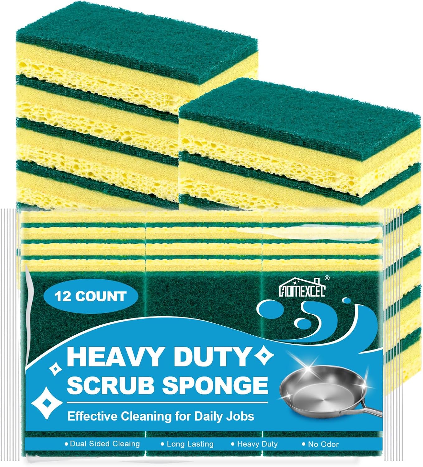 HOMEXCEL Sponges Kitchen 12pcs, Non-Scratch Scrub Dish Sponge Safe on Non-Stick Cookware, Dual Sided Cleaning Sponges for Kitchen, Household, Bathroom and More