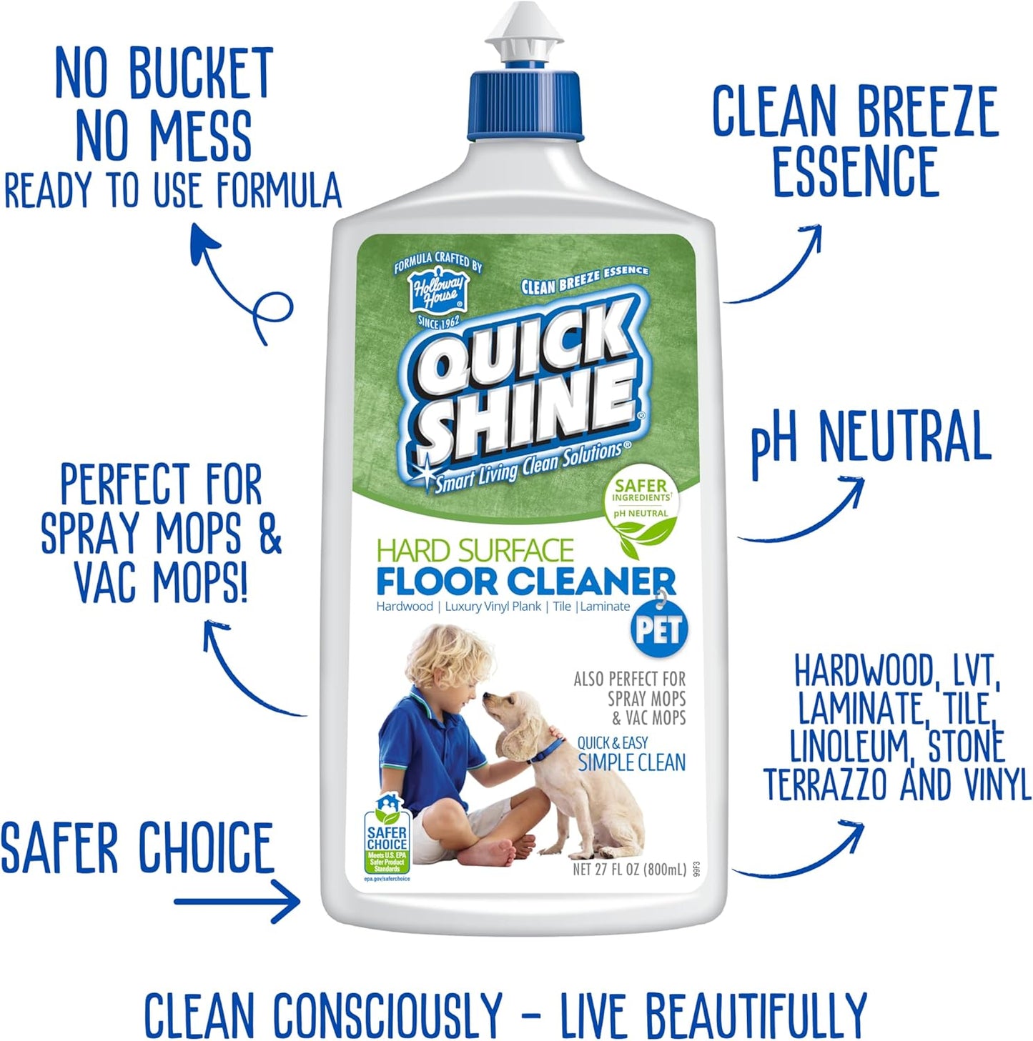 Quick Shine Hard Surface Pet Floor Cleaner 27 oz | Ready to Use, Removes Dirt, Streak Free, No Rinse | Hardwood, Laminate, Luxury Vinyl Plank LVT, & Tile | Safer for Kids, Pets & Our Environment