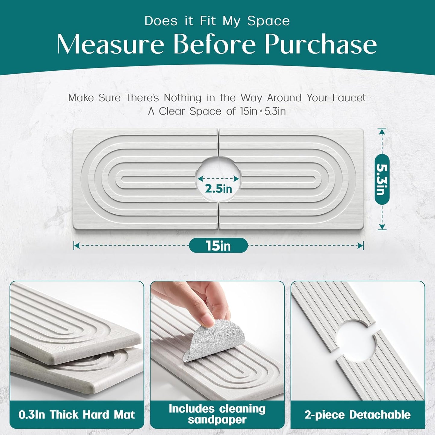 Eormoe Faucet Mat for Kitchen Sink – Diatomite Stone Drying Mat & Sink Protectors, Prevent Moisture – Sink Splash Guard Water-Absorbing Stone Tray for Bathroom Counter (Light Grey, 23.6" x 3.9")