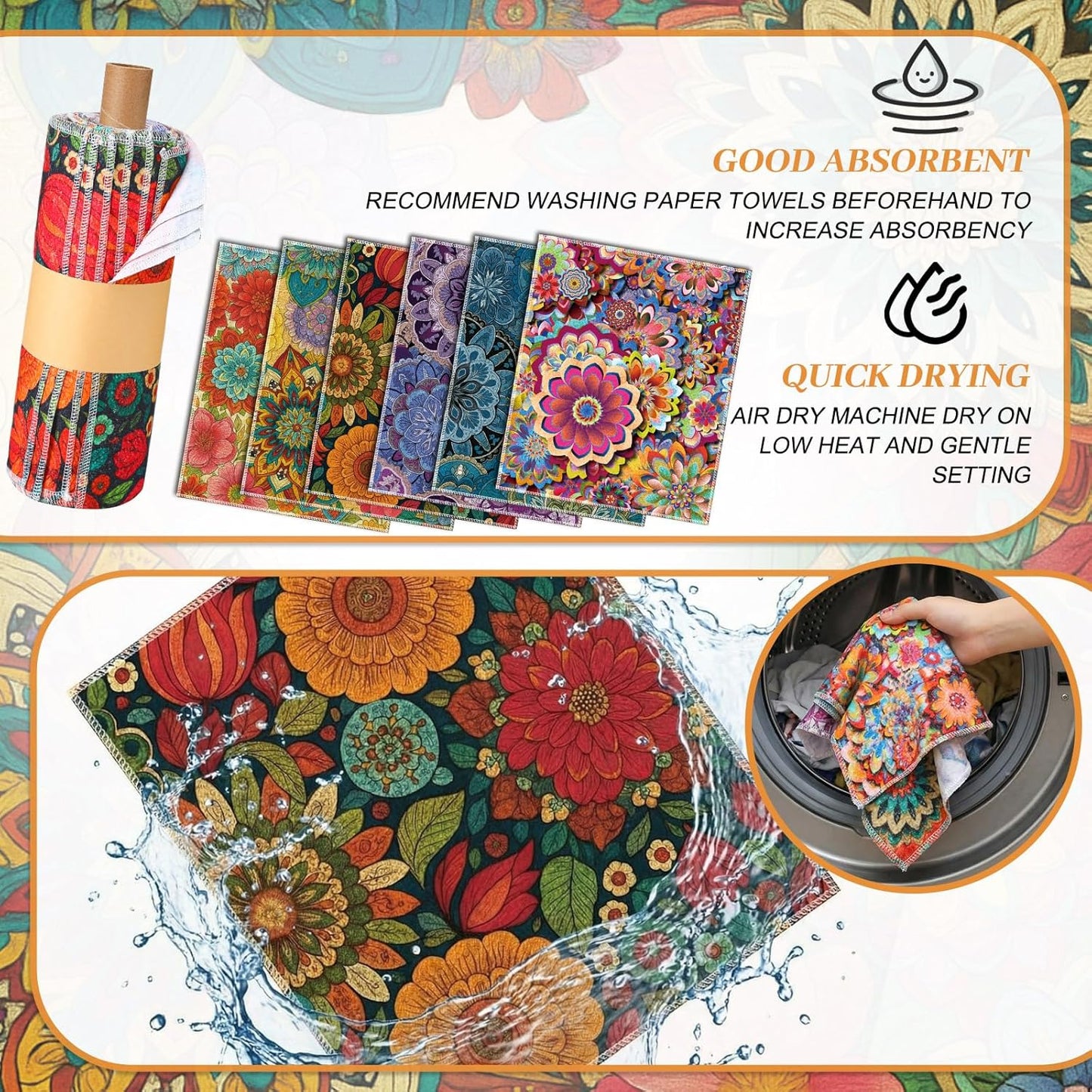 Redbaker 30 Pcs Reusable Paper Towels Rolls Kitchen Towels Bulk Washable Paperless Cloth Cotton Hand Napkins with Cardboard Reusable Napkins for Kitchen Bathroom(Floral,10 x 12 in)