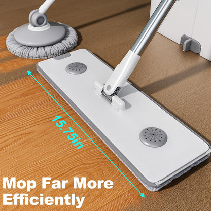 15.7" Flat Mop and Bucket Set with Wringer System | Wet Dry Floor Mop, 6 Reusable Microfiber Pads for Home, Tiny Home, Safe for Hardwood, Tile, Wall & Window Cleaning
