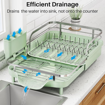 SNTD Dish Drying Rack, Expandable Dish Rack for Kitchen Counter, Stainless Steel Dish Drainer with Drainboard Set and Utensil Holder (Black)