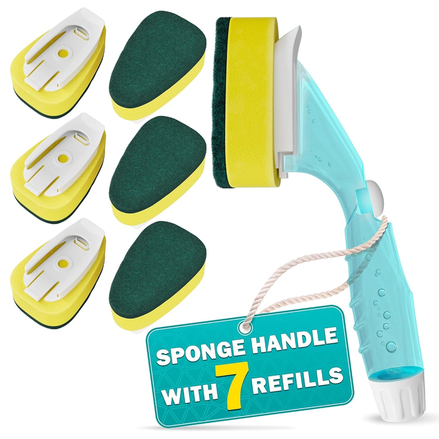 Dish Wand with Soap Dispenser - Dish Sponge with Handle for Quick Dishwashing, High-Density Non-Scratch Cellulose Head, 7 Sponge Refills Included - Leak-Proof Design for Clean & Easy Soap Control
