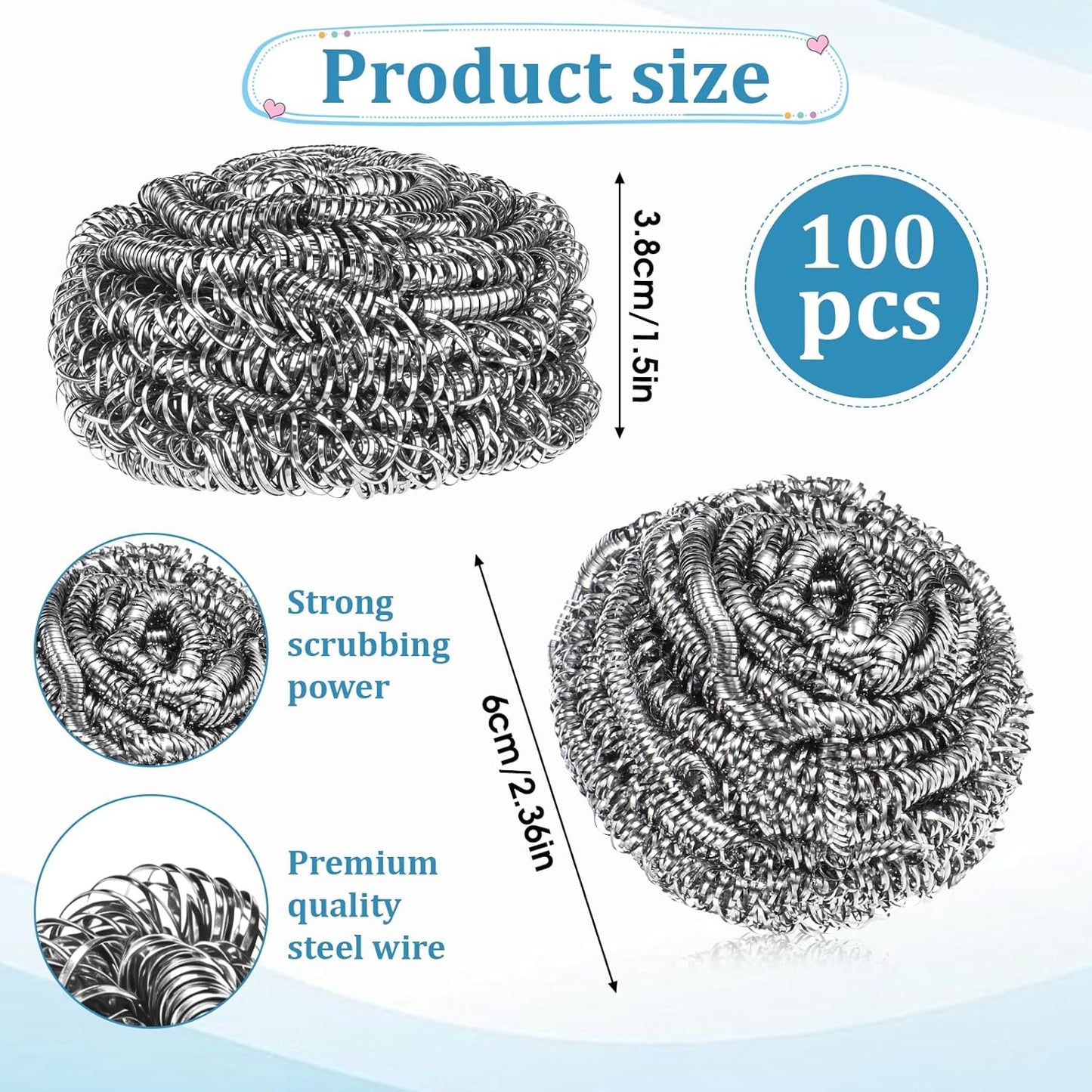 SHENLIU 100 Pieces Steel Wool Scrubber, 15 Gram Metal Scourers Stainless Steel Scrubber Bulk for Cleaning Kitchen Bathroom Household and More