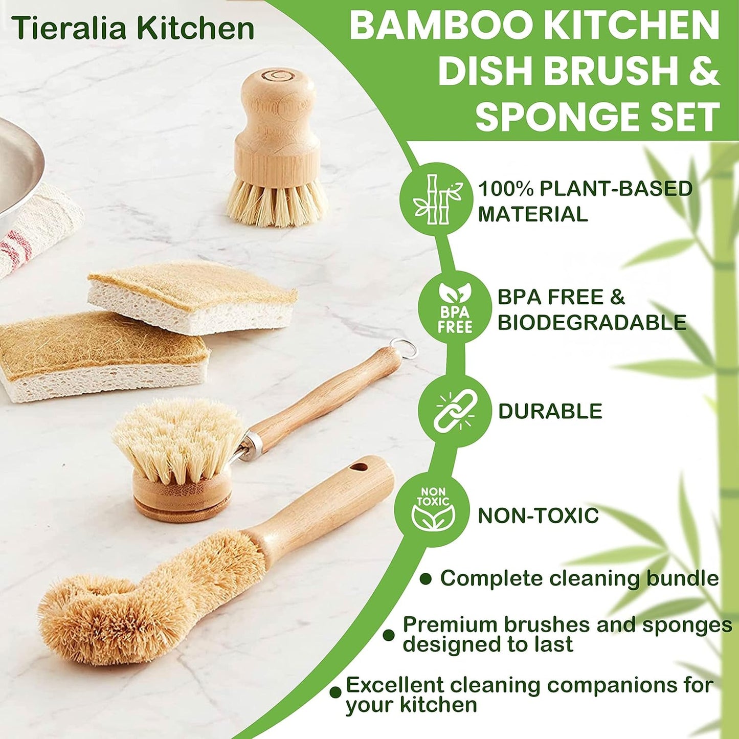 Tieralia Bamboo Dish Brush Gift Set – 5-Piece Kitchen Cleaning Set with Bottle Brush, Round Scrub Brush, Palm Brush & 2 Plant-Based Sponges | Wooden Handle Cleaning Tools for Dishes & Surfaces