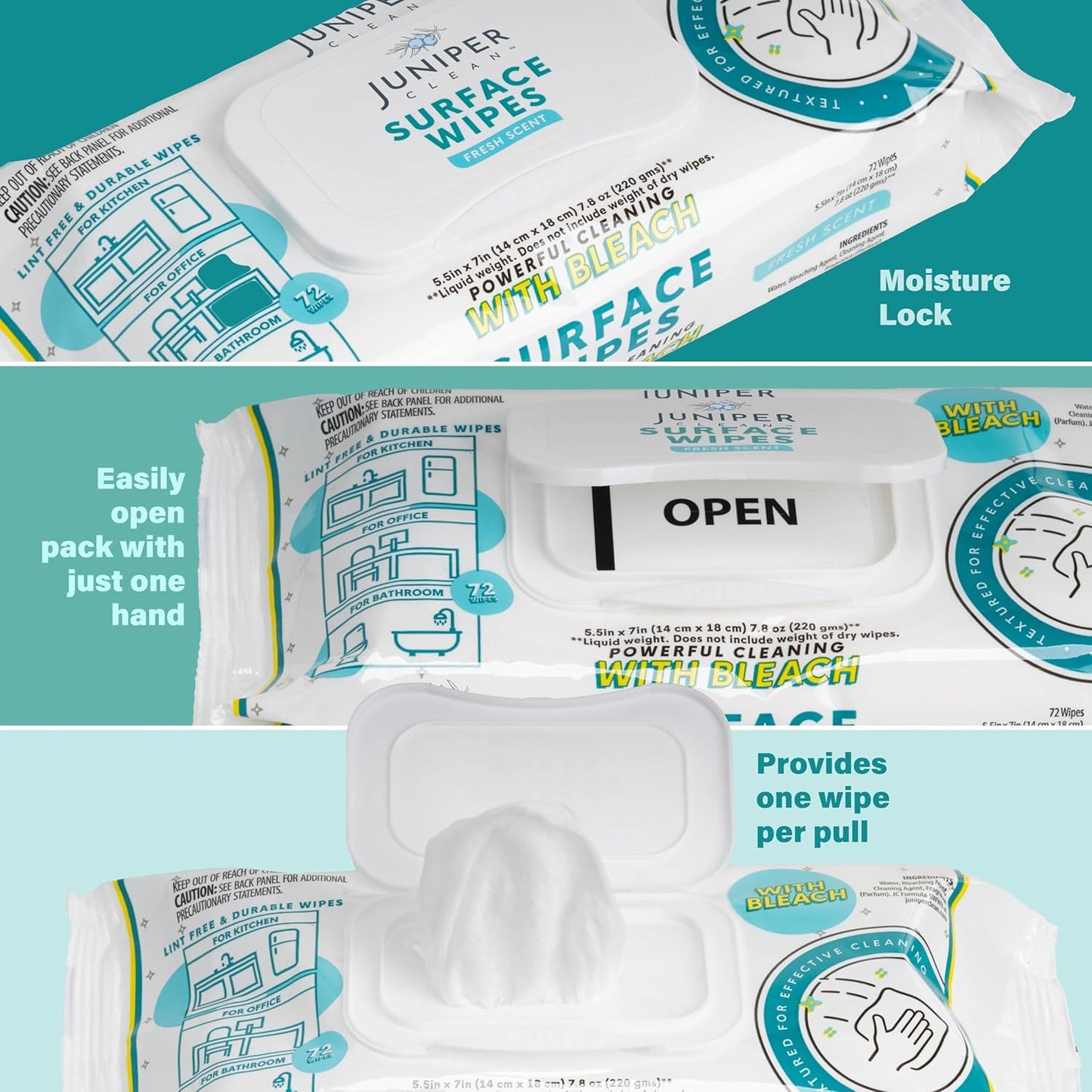 Juniper CLEAN 3 Pack Surface Cleaning Wipes with Bleach, All-Purpose Cleaner for Bathroom, Kitchen, Office, 216 Count Soft Flow, Fresh Scent, Lint Free & Durable