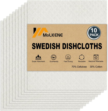 MoLKENE Swedish Dish Cloths - 10 Pack Reusable Kitchen Dishcloths - Ultra Absorbent Dish Towels for Washing Dishes - Cellulose Sponge Cloth Cleaning Rag - Assorted