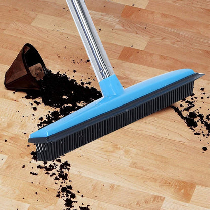 Telescopic Rubber Broom with Squeegee, Multifunction Adjustable Pet Hair Removal Carpet Rake for Fluff Rug Hardwood Floor (Black)