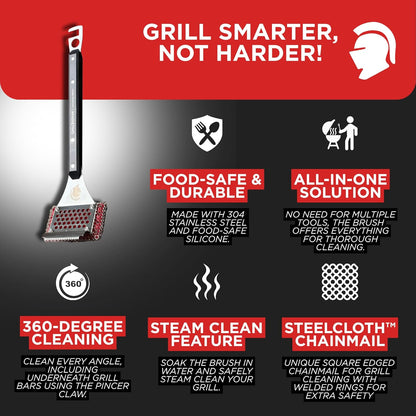 Grill Brush, Steel Bristle-Free BBQ Grill Cleaner with SteelCloth™ Stainless Steel Chainmail, Ergonomic Handle for Cast Iron, Stainless Steel & Porcelain-Coated Grates, 1 Pack