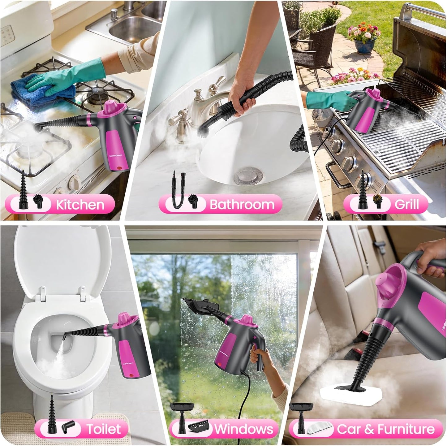 Steam Cleaner, Pressurized Handheld 13pcs Multi-Purpose Natural Deep Cleaning Steamer, Portable Steamer for Cleaning Home, Grout, Kitchen, Car, Window, Upholstery, Bathroom and Clothes, Gray