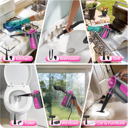 Steam Cleaner, Pressurized Handheld 13pcs Multi-Purpose Natural Deep Cleaning Steamer, Portable Steamer for Cleaning Home, Grout, Kitchen, Car, Window, Upholstery, Bathroom and Clothes, Gray
