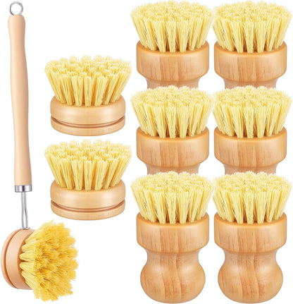 9 PCS Bamboo Dish Brush Set, Multifunctional Dishwashing Bamboo Scrub Brush with Natural Sisal Bristles, Wooden Dish Brush for Cleaning Pots, Pans, Dishes, Vegetables