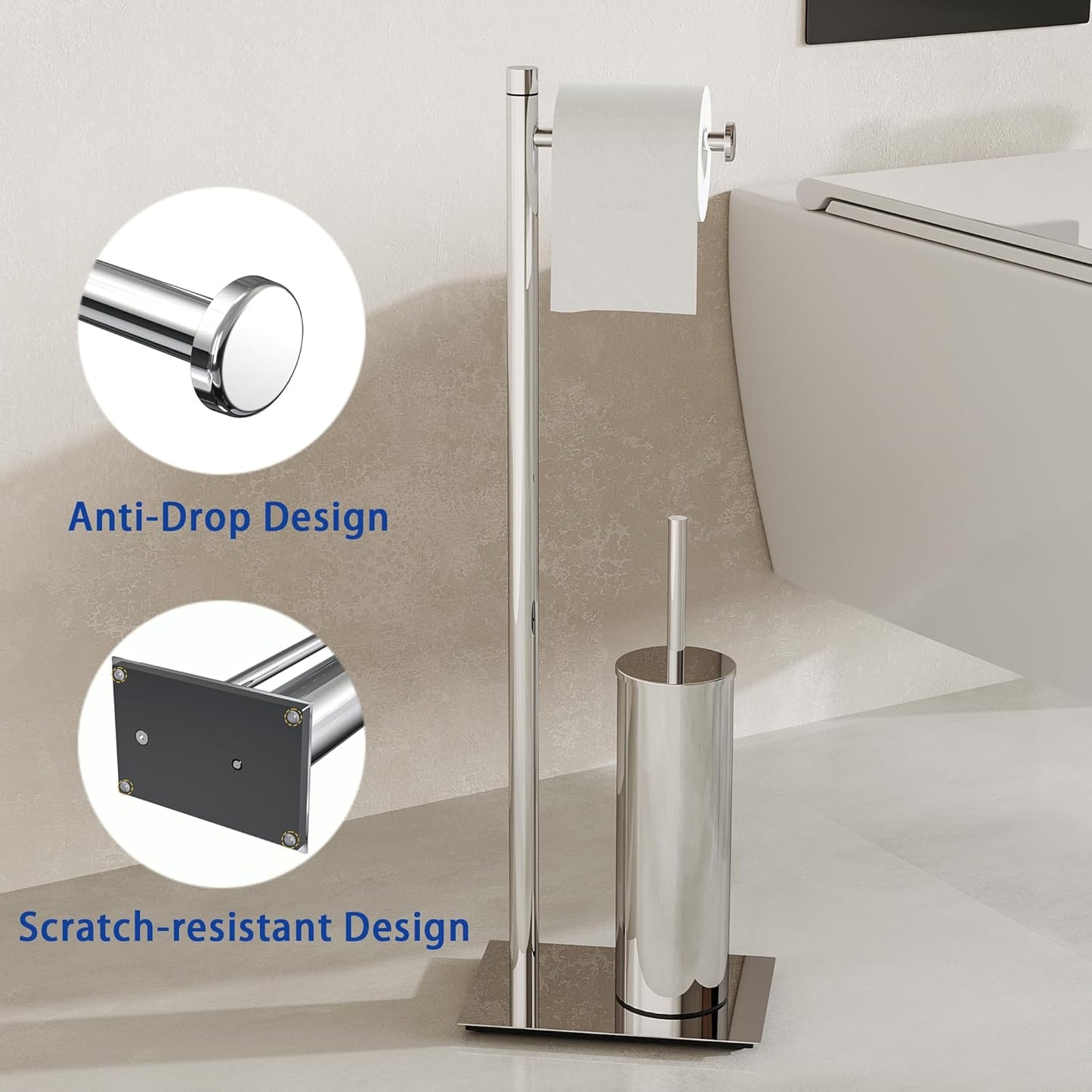 RUACQ Toilet Paper Holder Stand with Toilet Brush and Holder Set, 304 Stainless Steel Bathroom Toilet Tissue Paper Roll Holder Free Standing, Weighted Base, Heavy Duty (Matte Black)