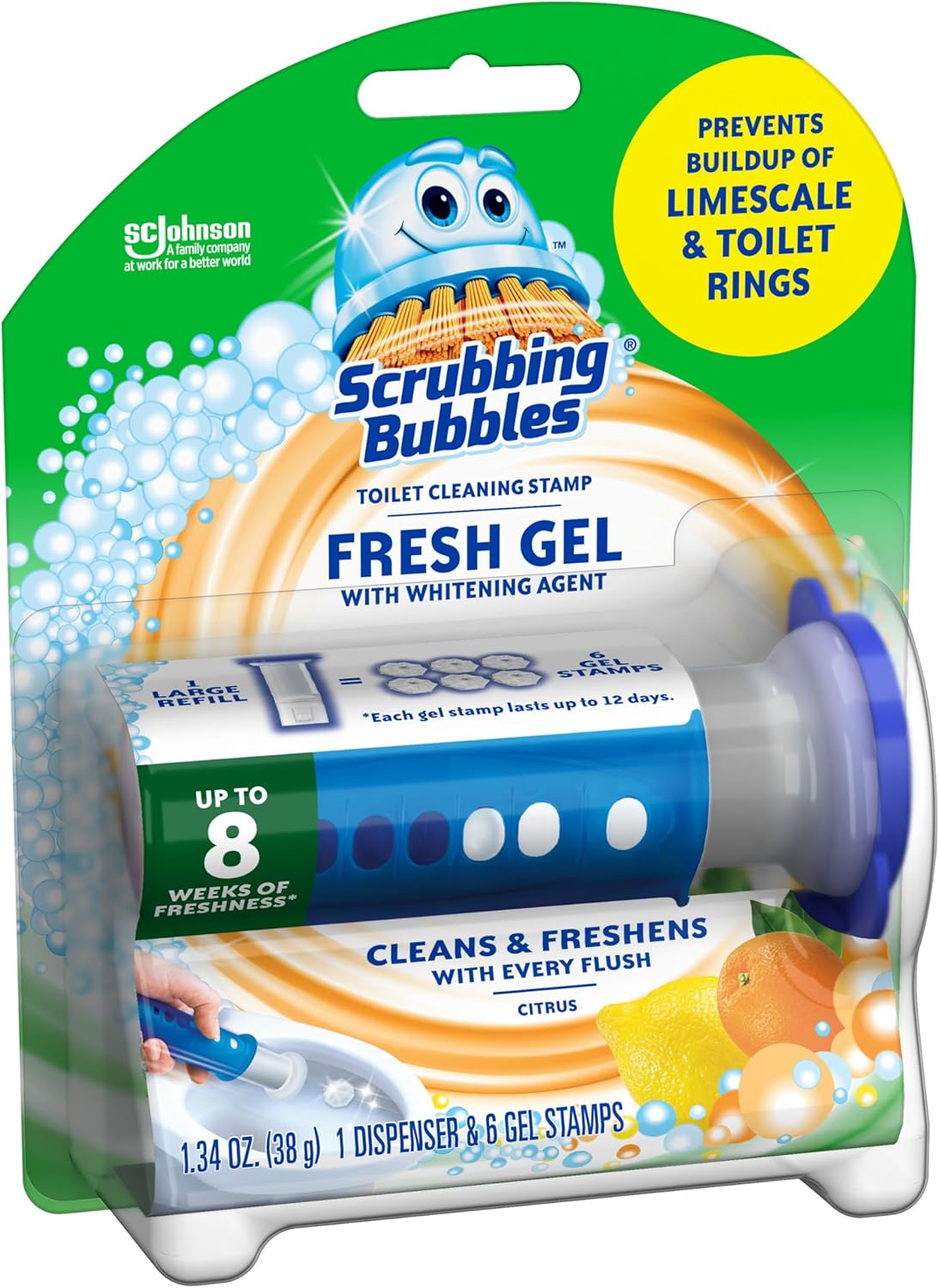 Scrubbing Bubbles Fresh Gel Toilet Bowl Cleaning Stamps, Helps Keep Toilet Clean and Helps Prevent Limescale & Rings, Citrus Scent, 1 Dispenser with 6 Fresh Gel Stamps