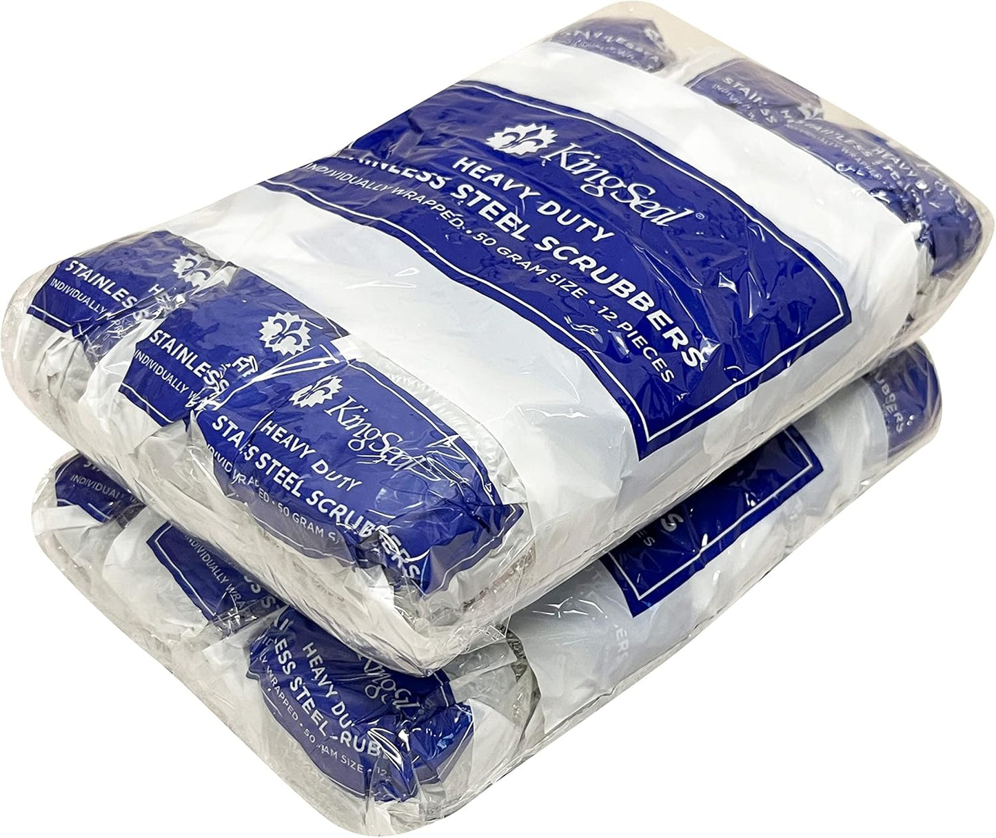 24 Count | KingSeal Stainless Steel Scrubbers, Scrub Pads, Heavy Duty, 50 gram Weight, Individually Wrapped - 2 Packs of 12 Scrubbers
