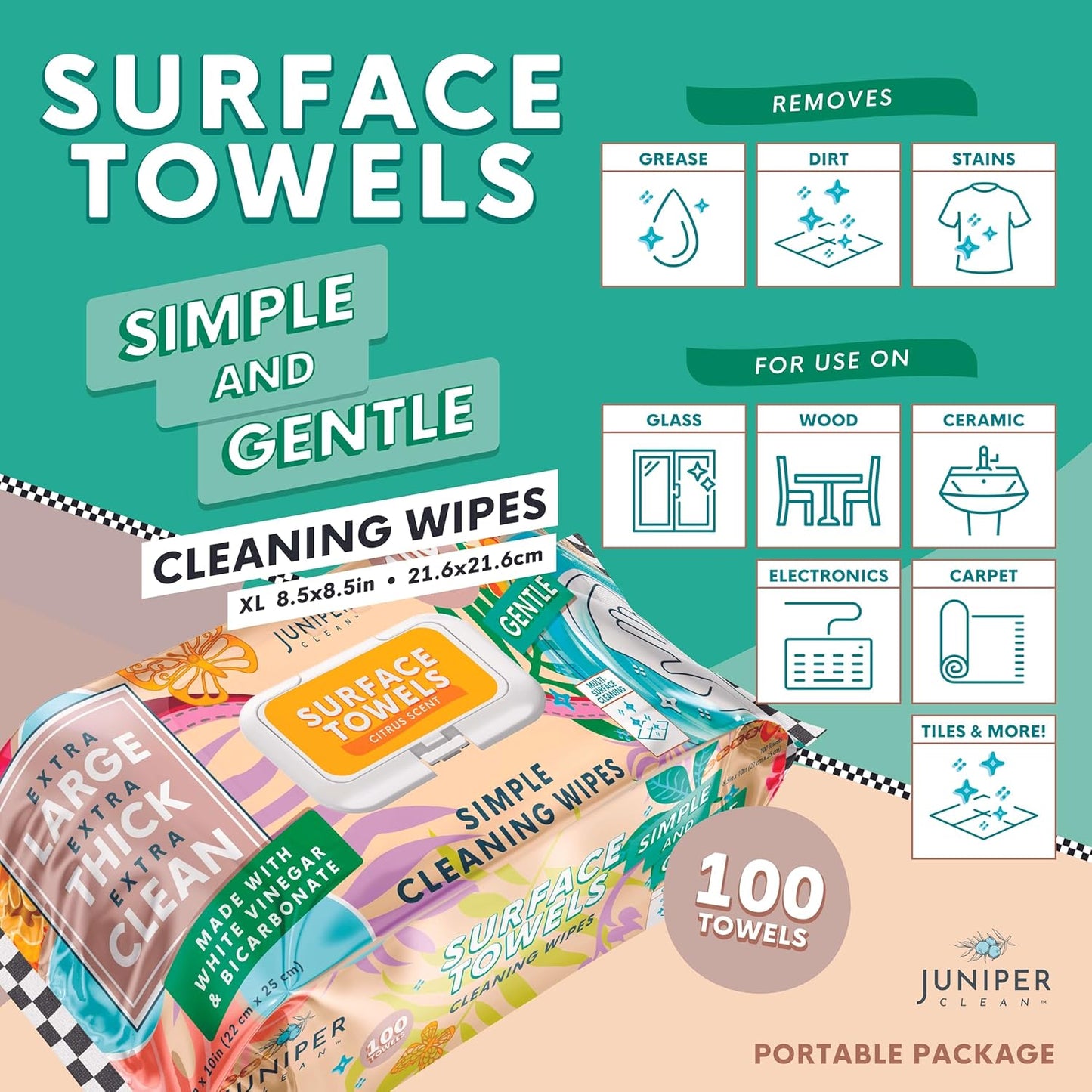 Juniper CLEAN Single Surface Wipes with Bleach, Thick & Large Dispose, All-Purpose Cleaner for Bathroom, Kitchen, Office, 100 Count Soft Flow, Biodegradable, Fresh Scent