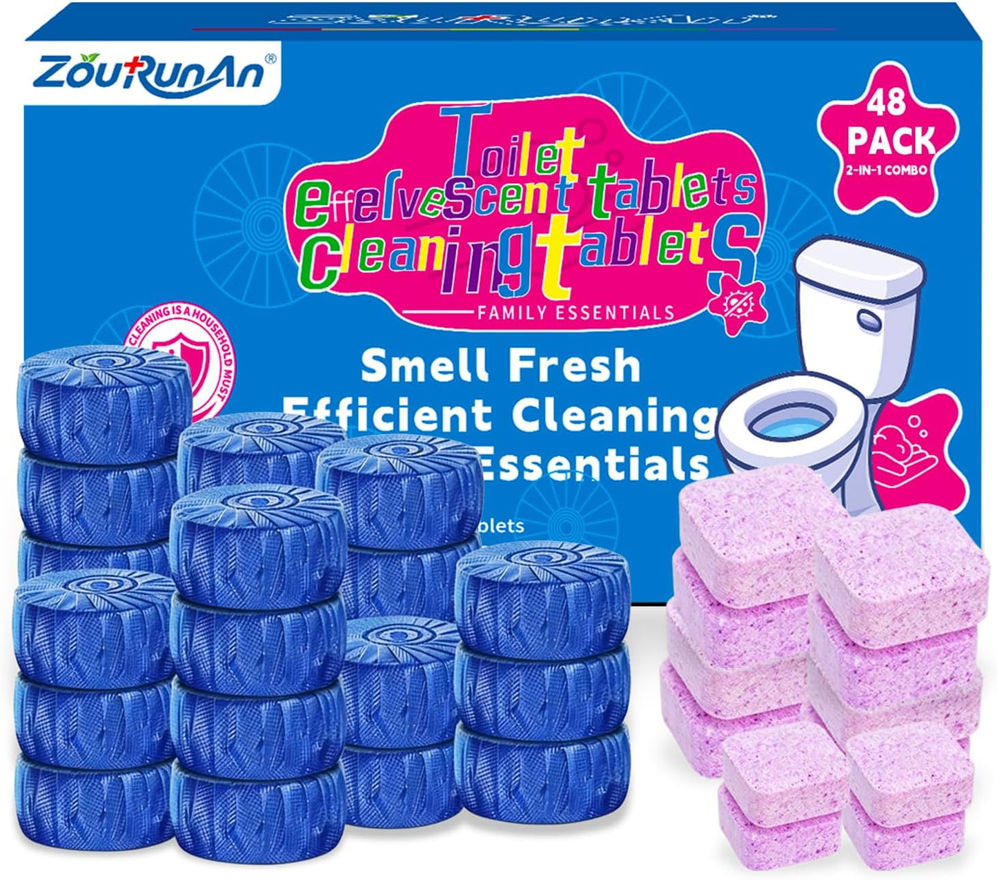 2-in-1 Toilet Cleaning Tablets (48 Pack) - 16 Effervescent Toilet Bowl Stain Remover and 32 Blue White Toilet Tank Cleaner Tablets - Limescale Removal for Septic System
