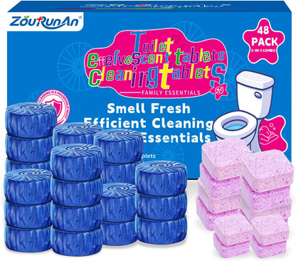 2-in-1 Toilet Cleaning Tablets (48 Pack) - 16 Effervescent Toilet Bowl Stain Remover and 32 Blue White Toilet Tank Cleaner Tablets - Limescale Removal for Septic System