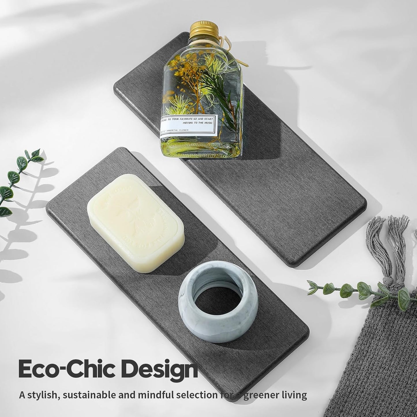 2PCS Water Absorbing Stone Drying Tray for Kitchen Counter & Bathroom Sink, Diatomite Faucet Splash Guard, Soap Dispenser Rack & Sponge Holder Caddy Organizer, Marble White (Printed Pattern), 9"x 3.5"