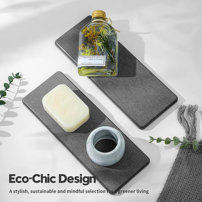 2PCS Water Absorbing Stone Drying Tray for Kitchen Counter & Bathroom Sink, Diatomite Faucet Splash Guard, Soap Dispenser Rack & Sponge Holder Caddy Organizer, Marble White (Printed Pattern), 9"x 3.5"