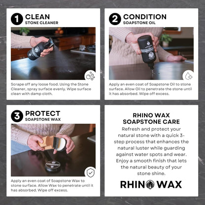 Rhino Wax Soapstone Ultimate Care Kit - Soapstone Wax, Soap-Stone Oil, Stone Spray Cleaner, Scraper, Large Applicator, 3 Microfiber Cloths - Complete Protection for Stones Surfaces - Made in USA