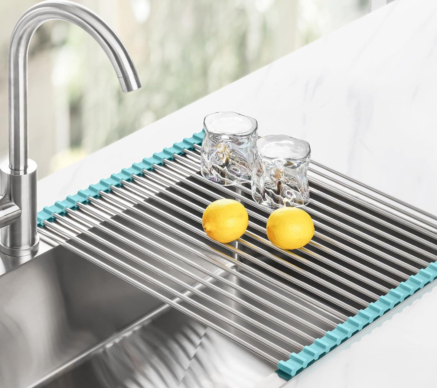 Tomorotec 17.7" x 15.5" Roll Up Dish Drying Rack Over Sink Drying Rack Sink Cover Kitchen Sink Accessories Gadget Multipurpose Organizer Foldable Stainless Steel Drainer (Grey)