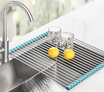 Tomorotec 17.7" x 15.5" Roll Up Dish Drying Rack Over Sink Drying Rack Sink Cover Kitchen Sink Accessories Gadget Multipurpose Organizer Foldable Stainless Steel Drainer (Grey)