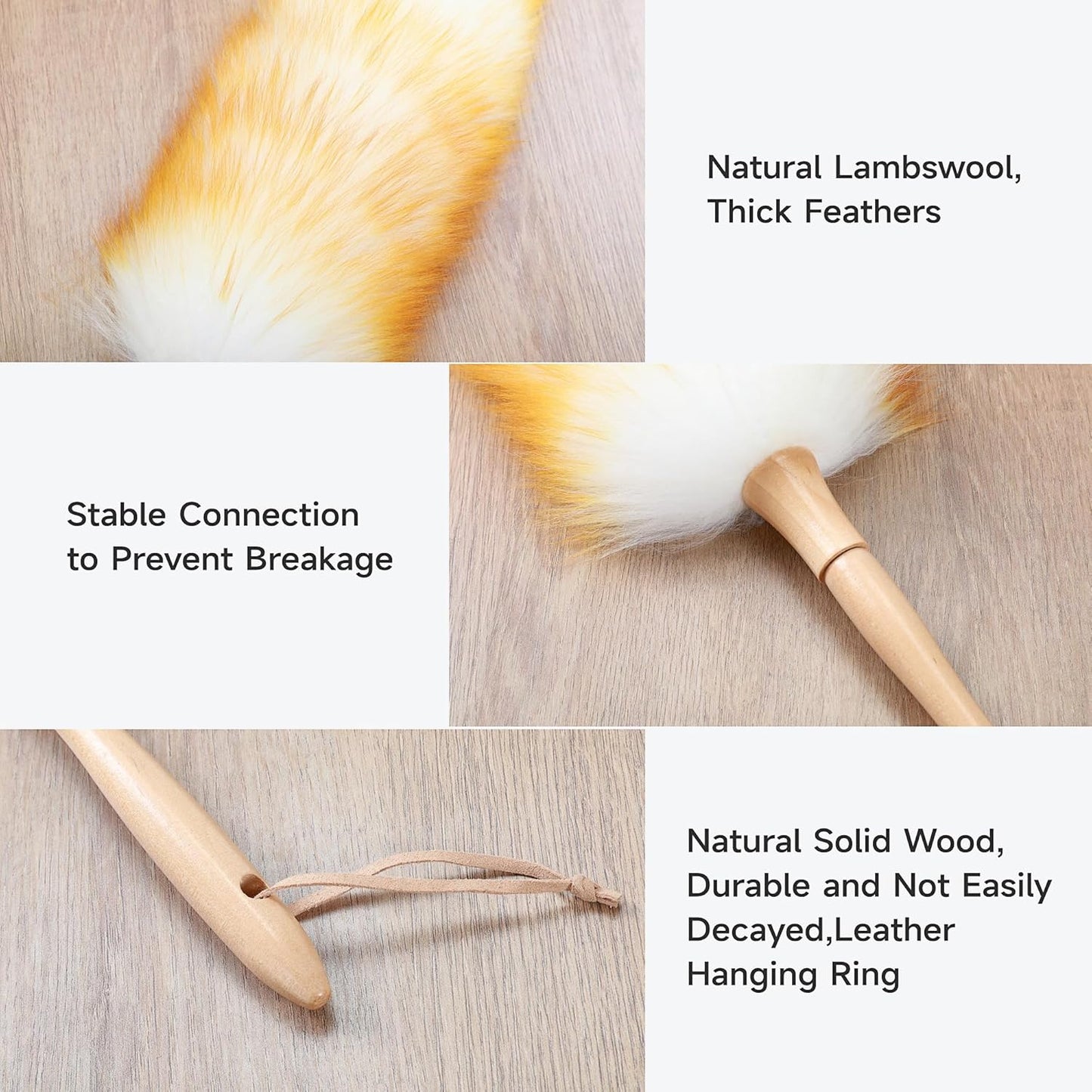 ONESIMUS 2 Pack Lambswool Dusters Fluffy Handheld Natural Feather Duster, 16.5 inch Washable Reusable Wool Dusters with Solid Wooden Handle for Cleaning Ceiling Fan, Interior, & Car etc