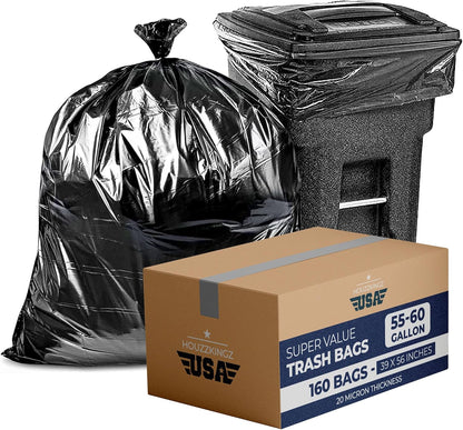 55 Gallon Large Trash Bags [39” X 56” – 20 Micron] 20 Black Contractor Garbage Bags | Heavy Duty Lawn Leaf Yard Waste Bags | 55-60 Gallon Extra Large Construction Industrial Plastic Trash Can Liners