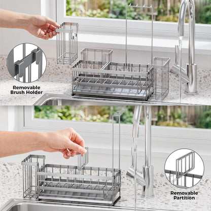 Sponge Holder for Kitchen Sink – Rustproof Stainless Steel with Detachable Drainboard, Brush Rack & Towel Bar | Compact, Non-Slip Design for Countertop Bathroom